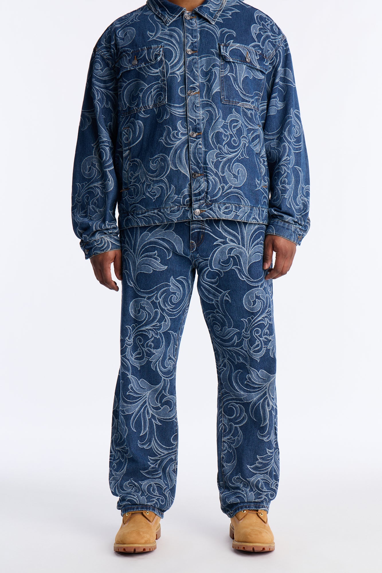 Straight Baroque Jacquard Jean - Medium Blue Wash