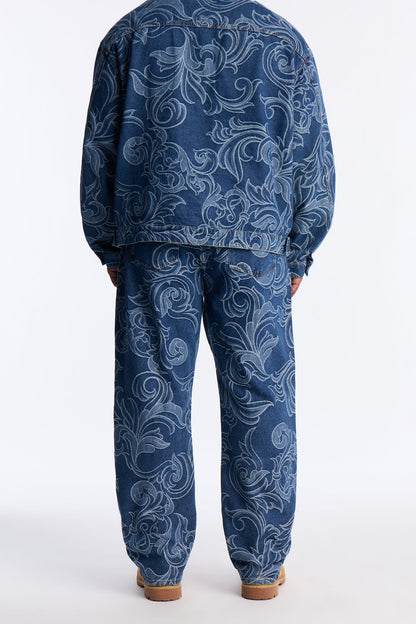 Straight Baroque Jacquard Jean - Medium Blue Wash