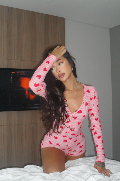 All My Heart Long Sleeve PJ Romper Onesie - Red/combo