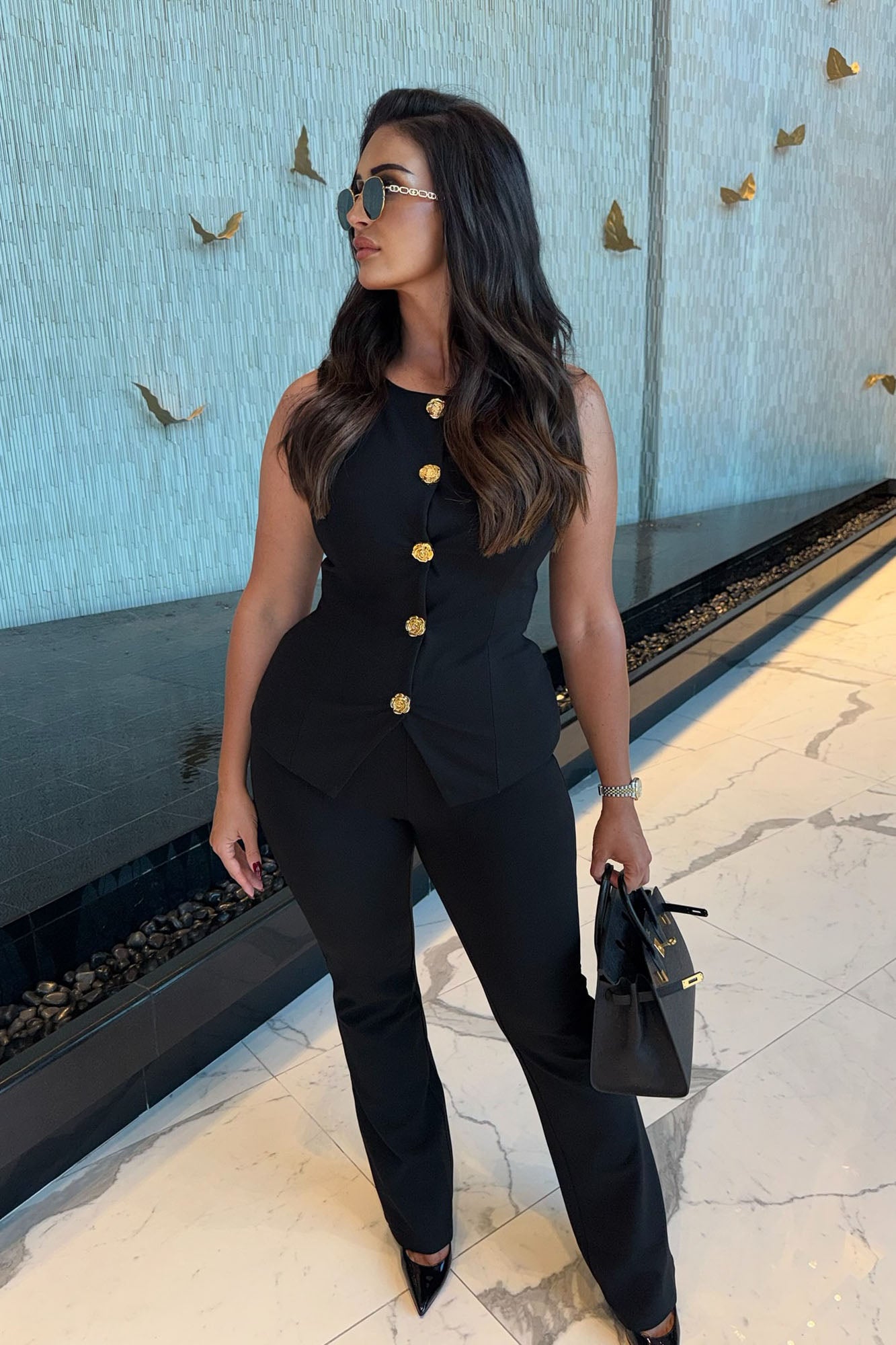 The Mia Double Lined Ponte Vest Pant Set - Black