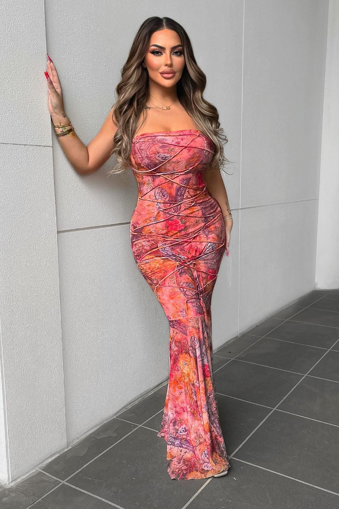 Perla Lace Up Maxi Dress - Multi Color