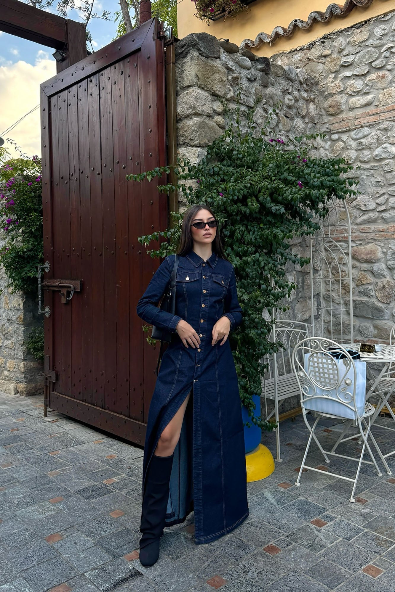 Deandra Long Sleeve Denim Stretch Maxi Dress - Dark Denim