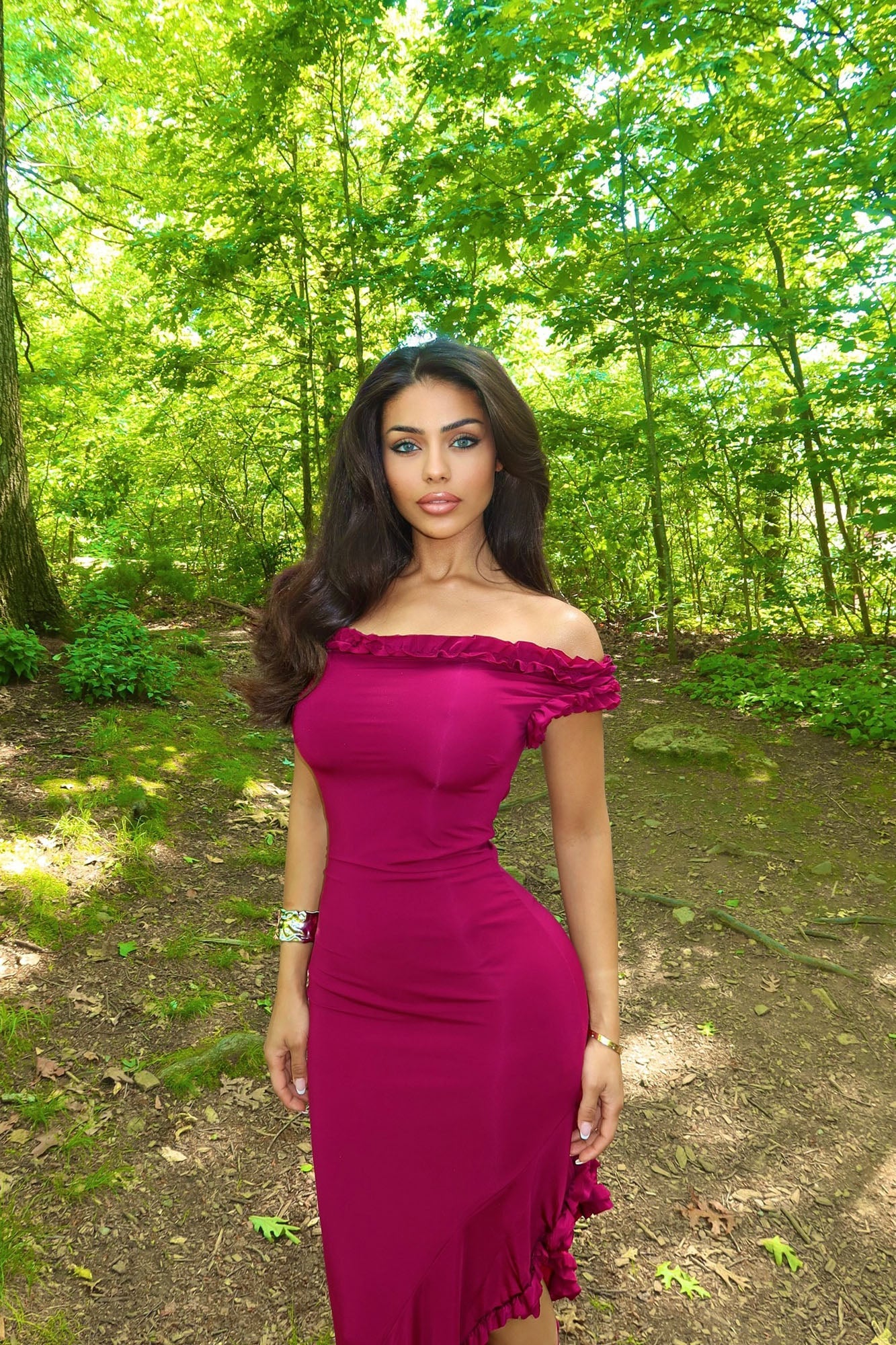 Andrea Ruffle Maxi Dress - Magenta