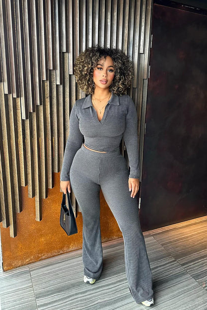 Josie Ribbed Long Sleeve Set - Charcoal