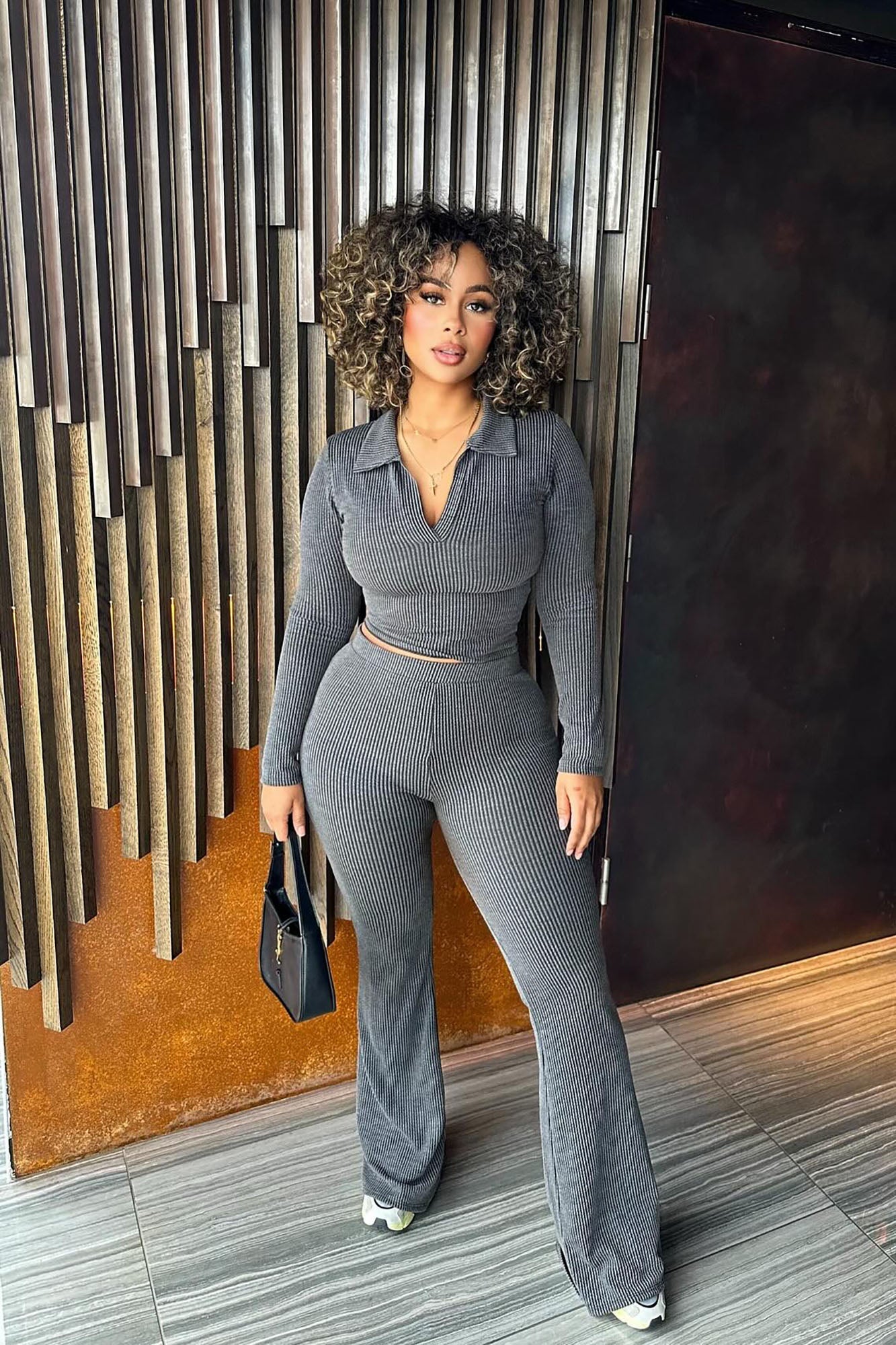Josie Ribbed Long Sleeve Set - Charcoal