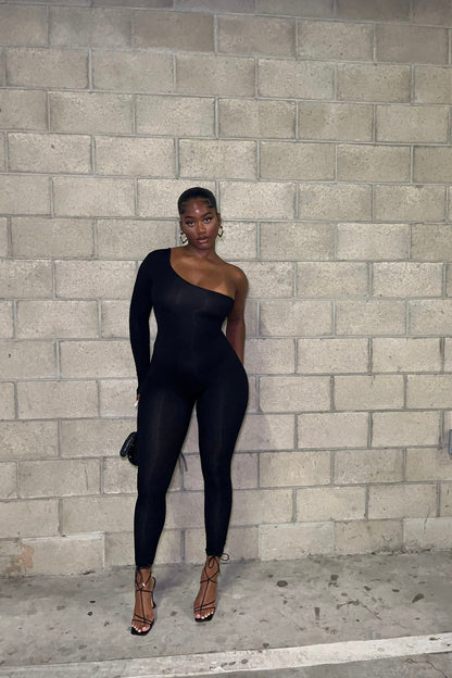 Nova Season Long Sleeve One Shoulder Jumpsuit - Black