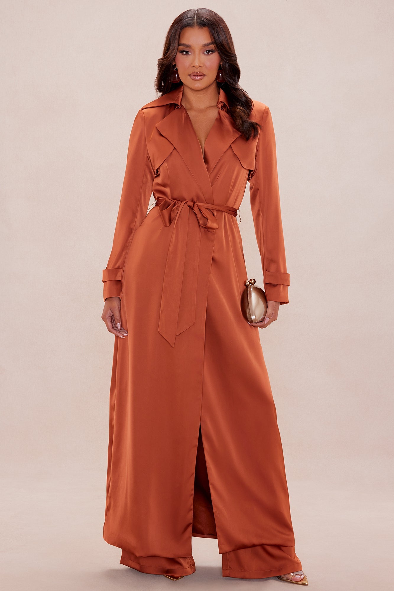 Gabriella Satin Trench Coat And Pant Set - Rust