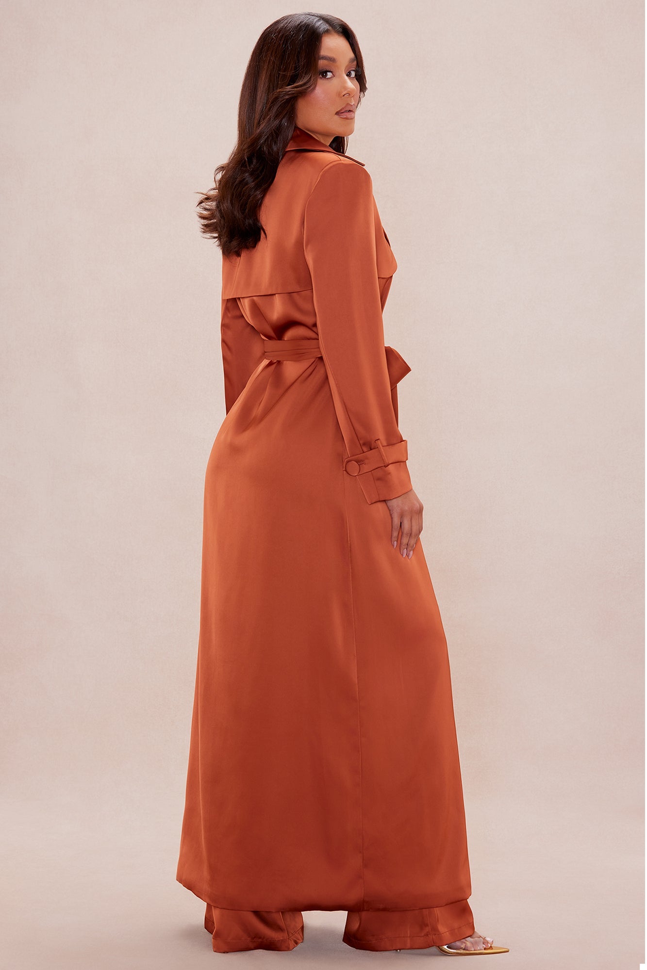 Gabriella Satin Trench Coat And Pant Set - Rust