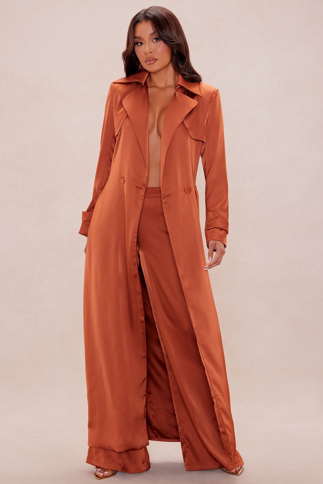 Gabriella Satin Trench Coat And Pant Set - Rust