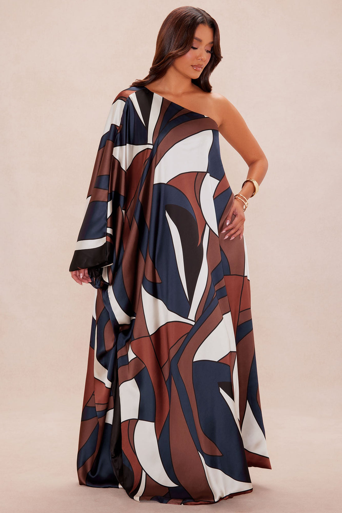 Penelope Satin Flowy Dress - Brown/combo
