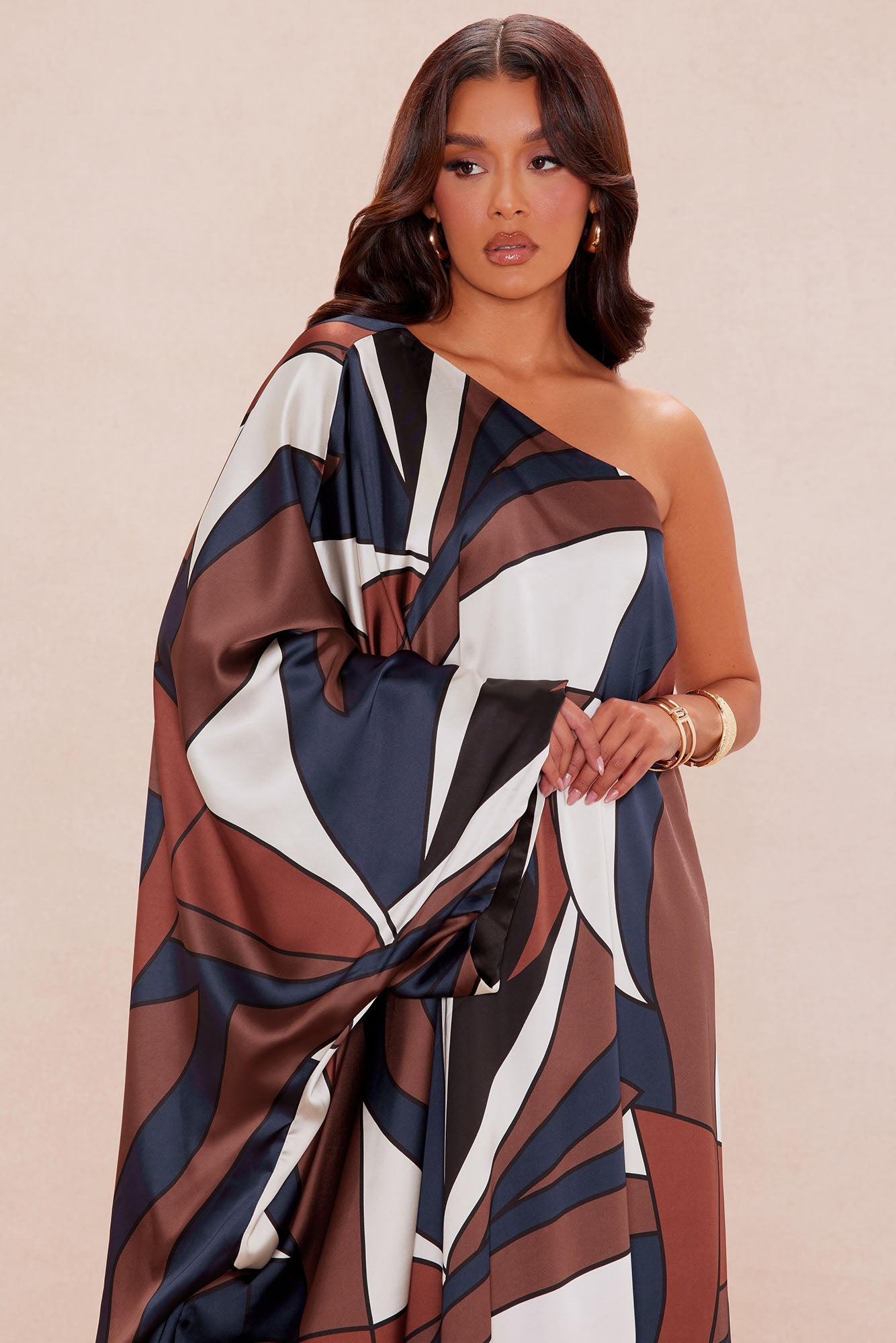 Penelope Satin Flowy Dress - Brown/combo
