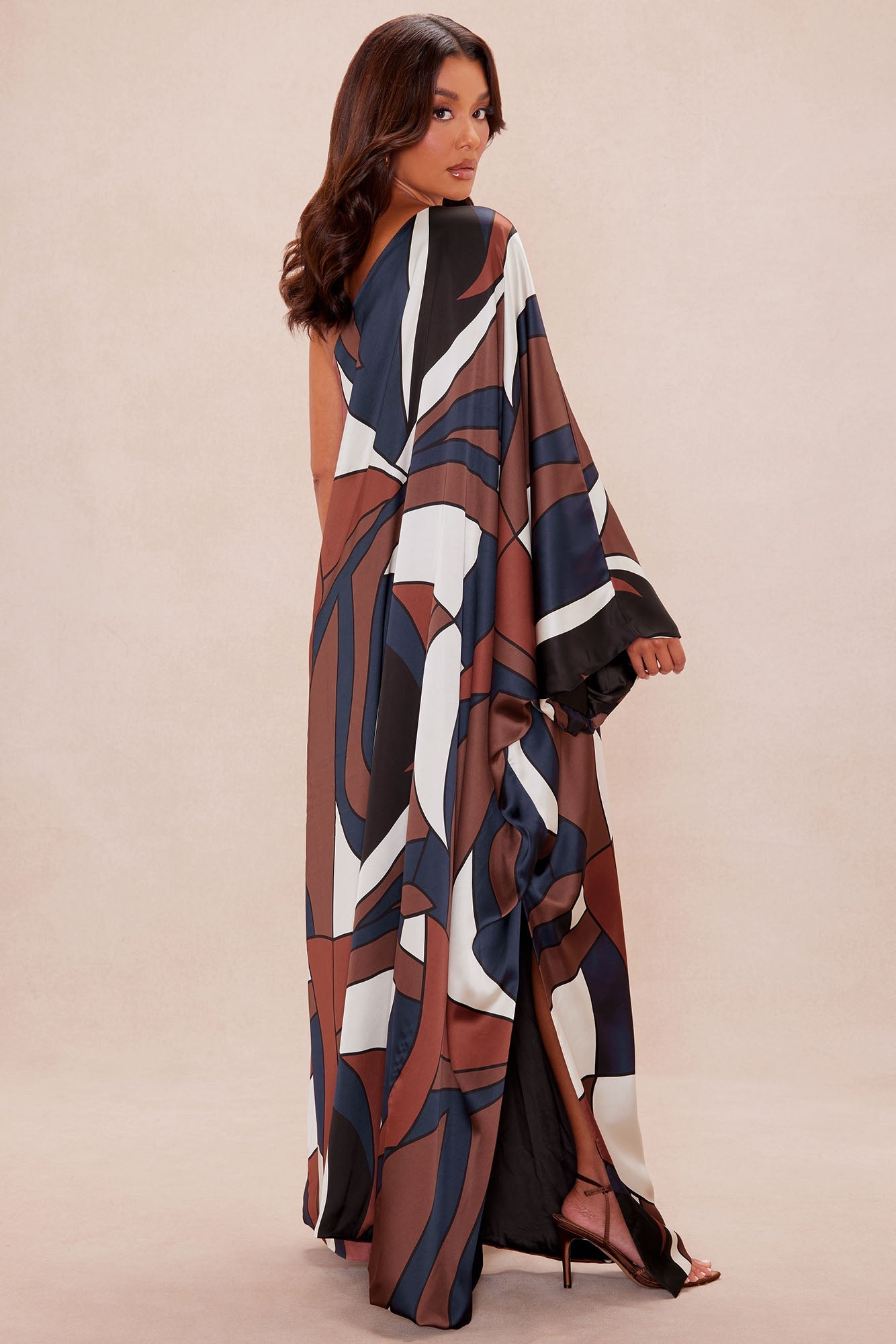 Penelope Satin Flowy Dress - Brown/combo