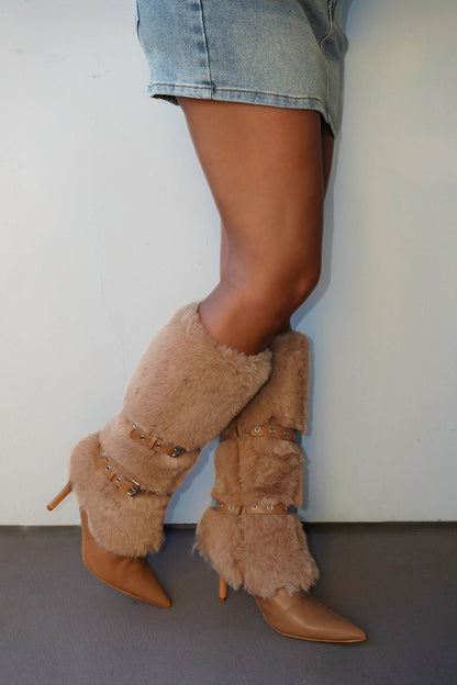 Whittier Buckle Faux Fur Boots - Taupe