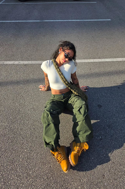 Talk It Up Oversized Distressed Washed Cargo Pant - Olive