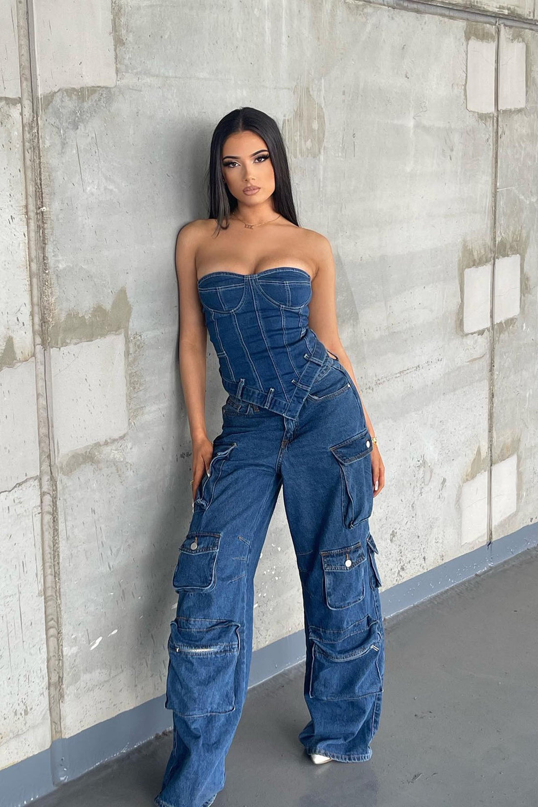 Tensions High Asymmetrical Denim Corset Top - Medium Blue Wash