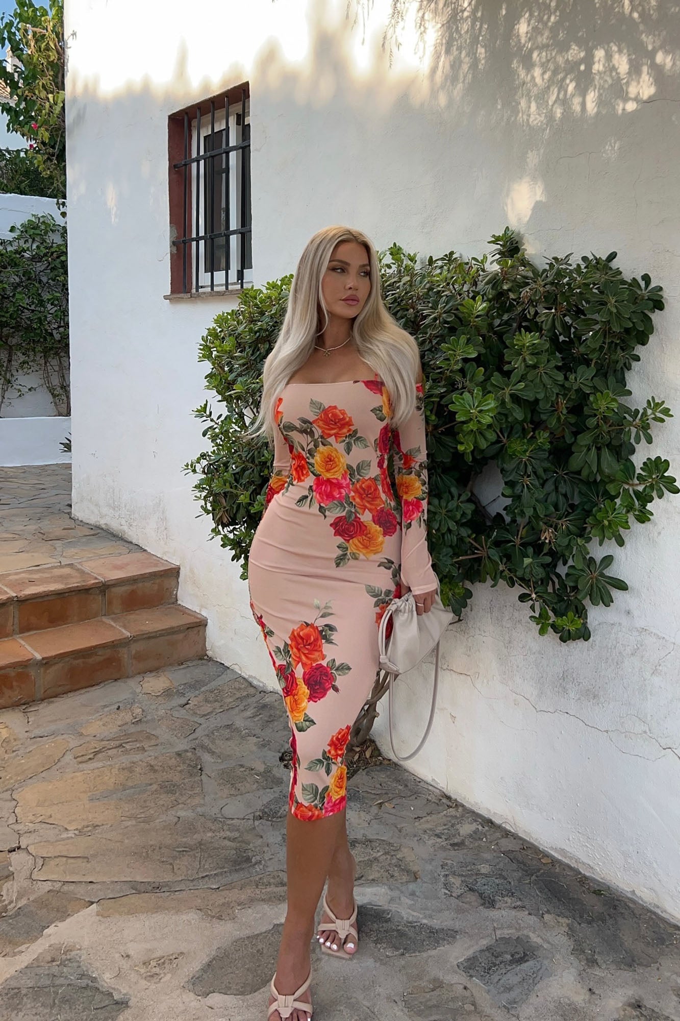 Danielle Mesh Midi Dress - Nude/combo