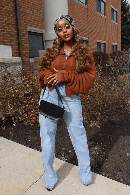 Cozy Girl Zip Front Cropped Cardigan Sweater - Chestnut