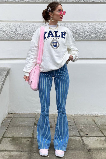 Crossed The Line Striped Flare Jeans - Light Blue Wash