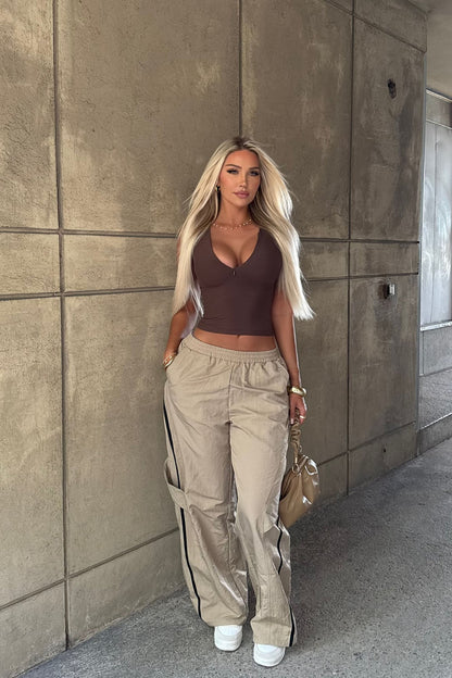 Eliza Windbreaker Wide Leg Track Pant - Beige