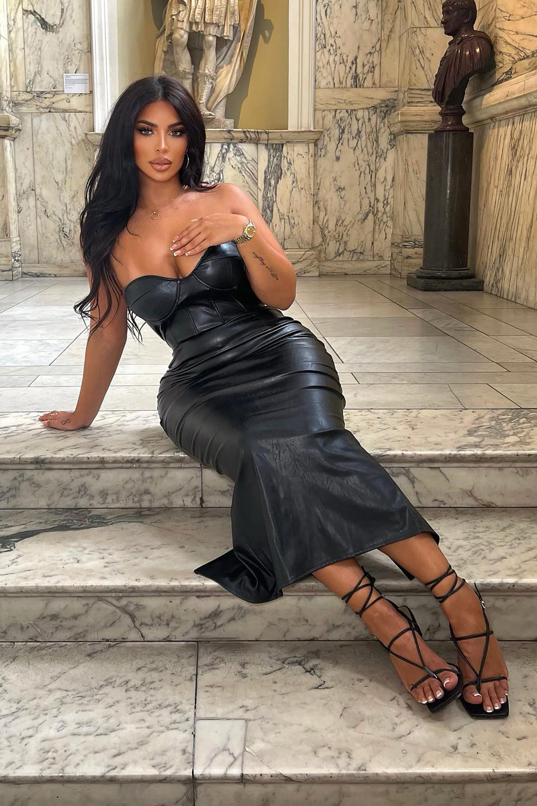 Fall Leaves Faux Leather Midi Dress - Black