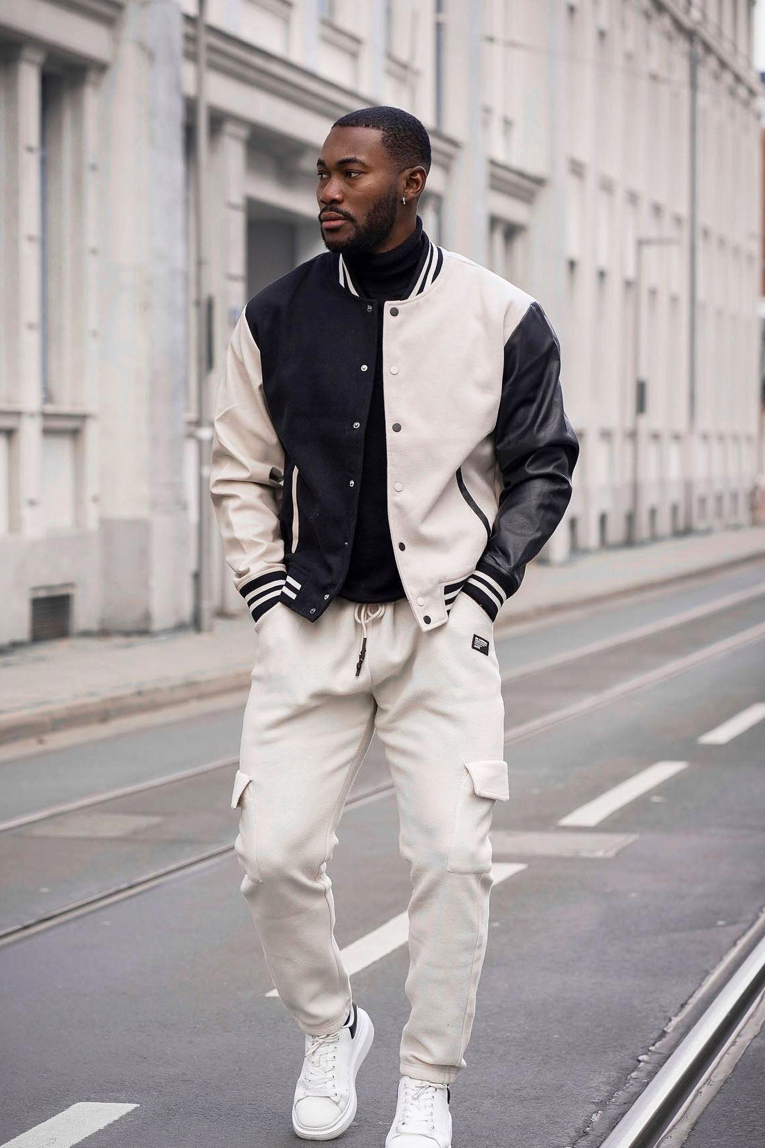 For The Books Faux Leather Sleeves Colorblock Varsity Jacket - Black/combo