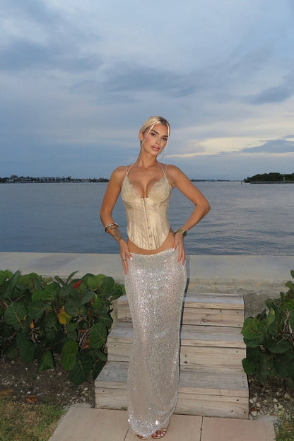 Kendra High Rise Sheer Sequin Maxi Skirt - Nude