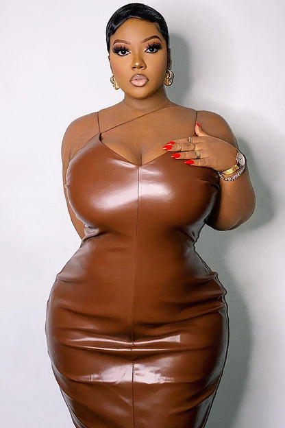 Make It Sexy Faux Leather Midi Dress - Brown