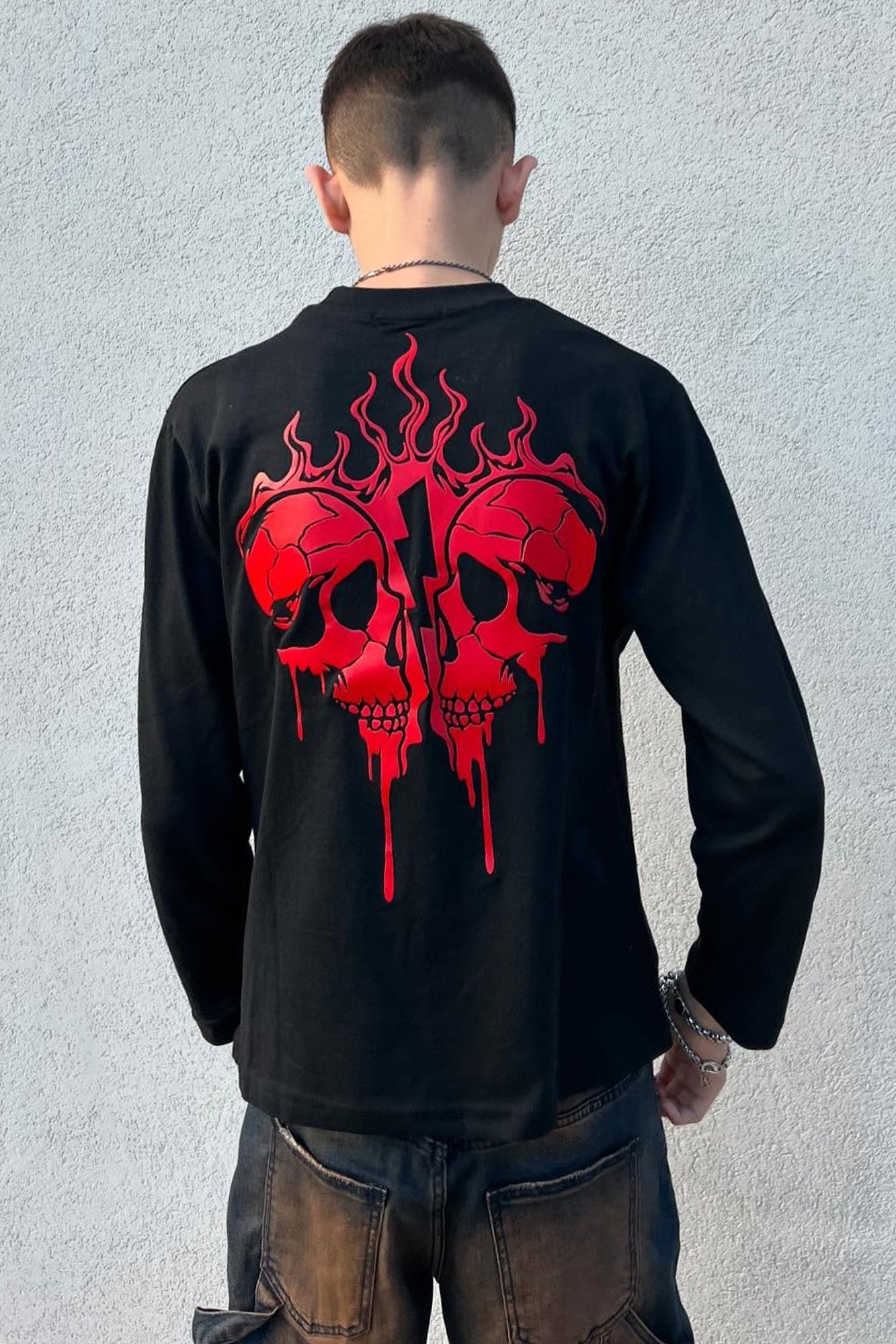 Mini Broken Flame Heart Front/Back Long Sleeve Tee - Black