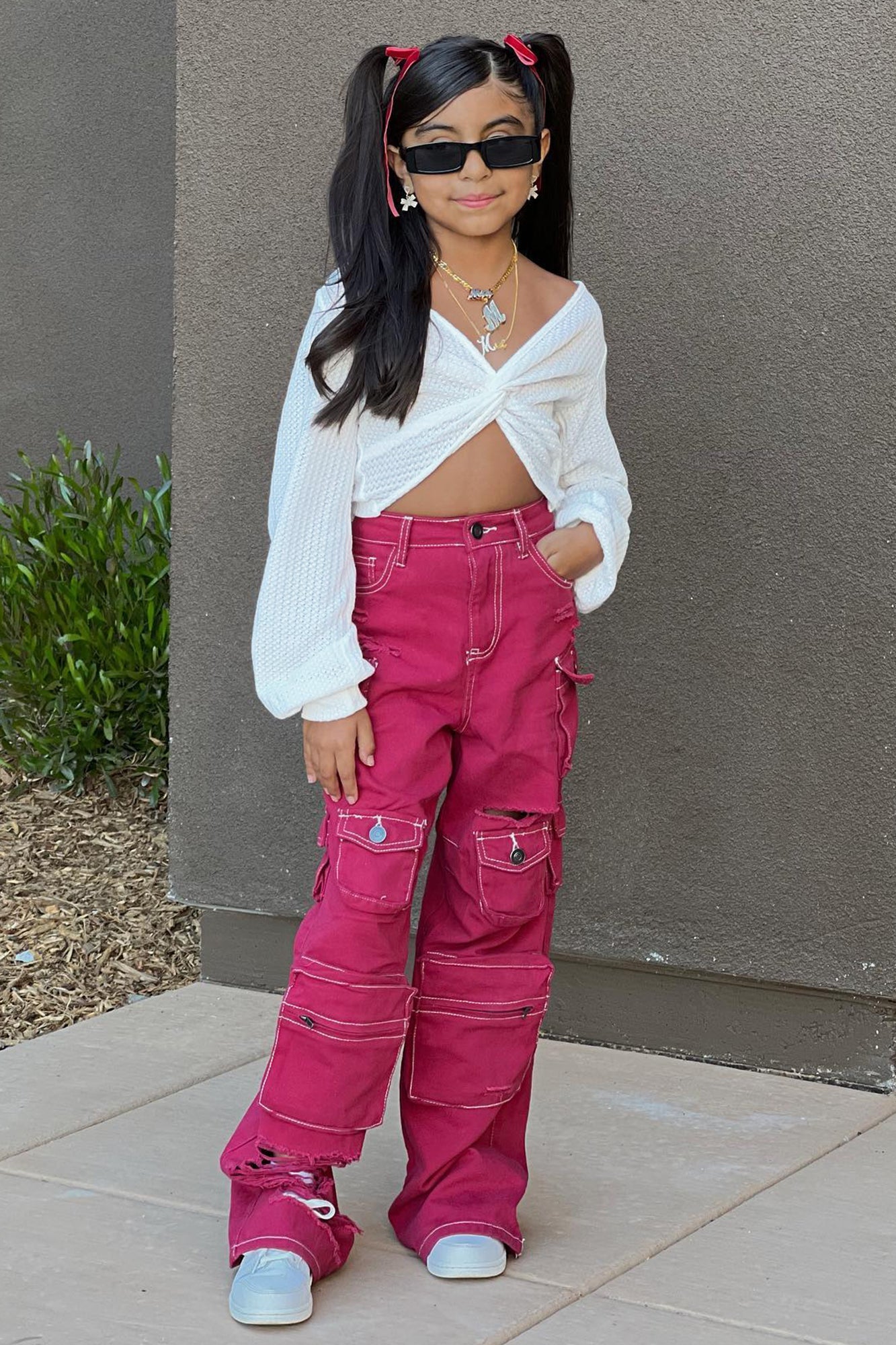 Mini Lily High Rise Distressed Cargo Jeans - Pink/combo