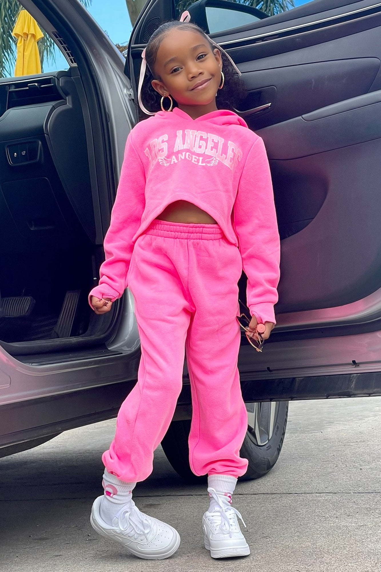 Mini Los Angeles Angel Cropped Fleece Jogger Set - Pink