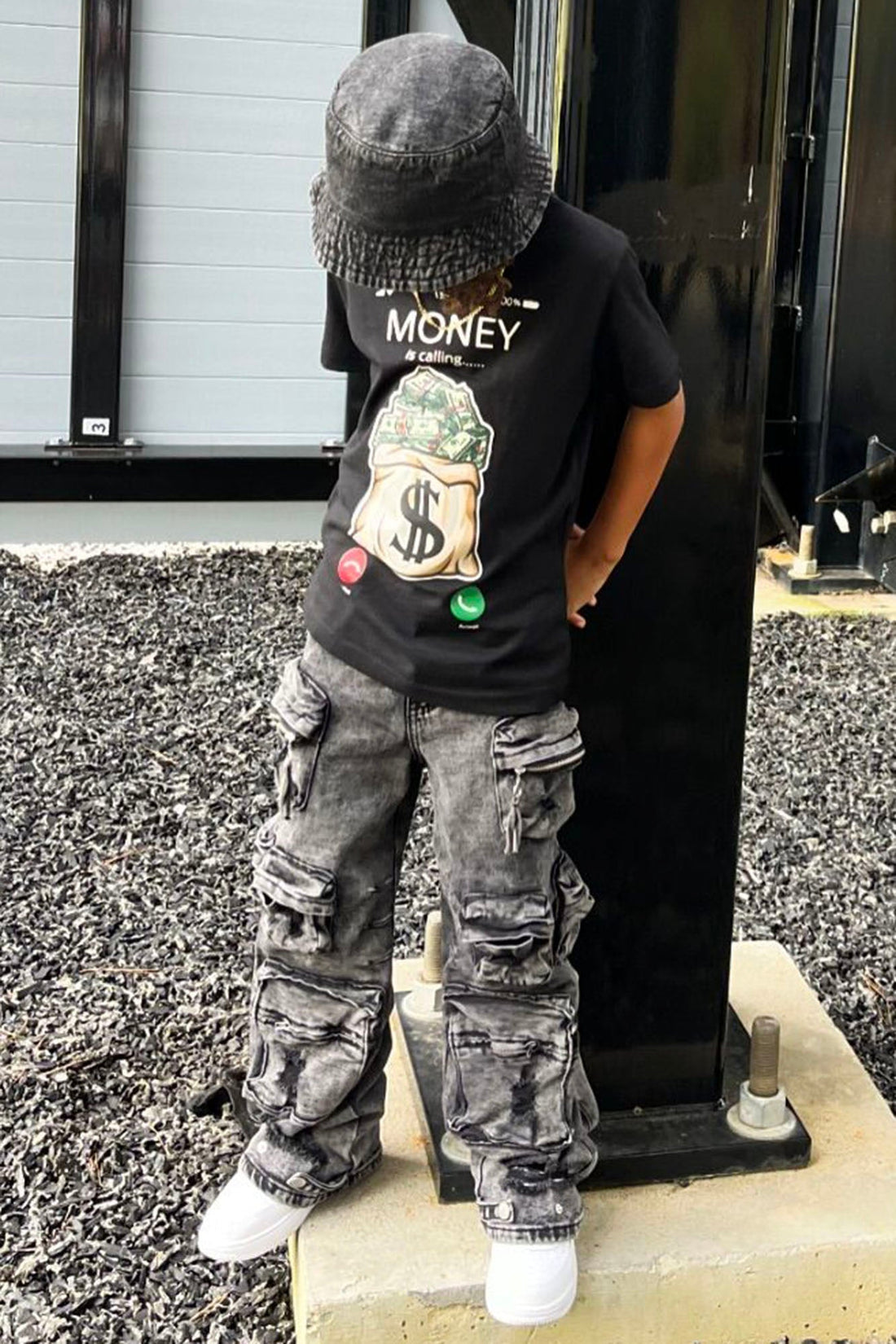 Mini Millie Ripped Cargo Jean - Acid Wash Black