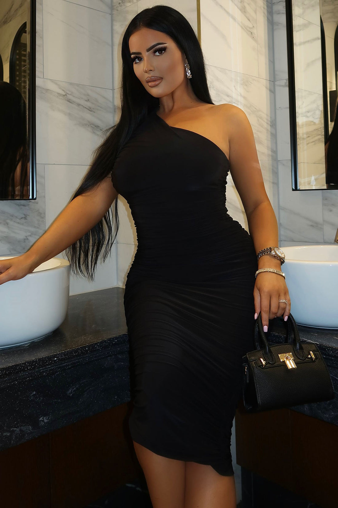 My Man And Me Ruched Midi Dress - Black