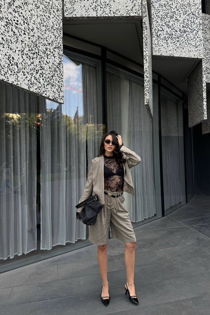 Penelope Pinstripe Linen Blazer - Mocha