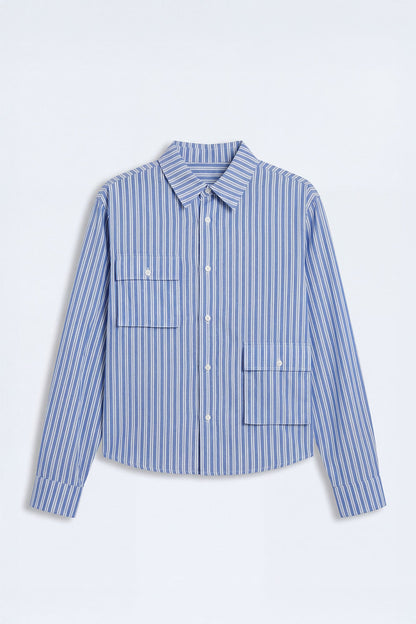 Cropped Cargo Pocket Long Sleeve Button Up Shirt - Blue/combo