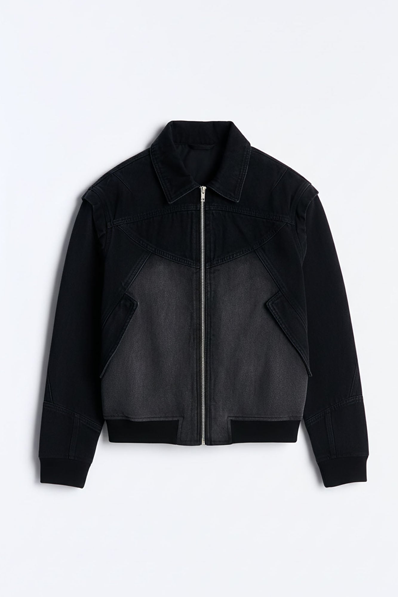 Paneled Denim Bomber Jacket - Black Wash