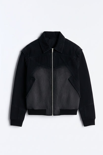 Paneled Denim Bomber Jacket - Black Wash