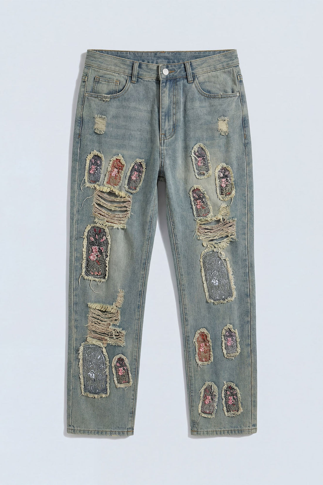 Relaxed Straight Holy Windows Patched Distressed Jean - Vintage Blue Wash