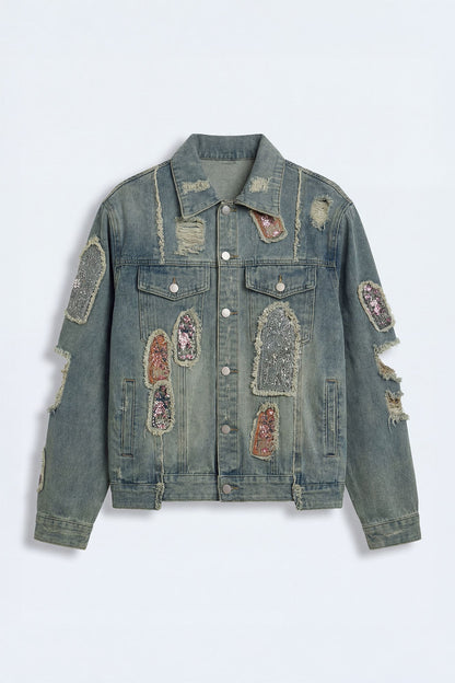 Holy Windows Patched Distressed Denim Trucker Jacket - Vintage Blue Wash